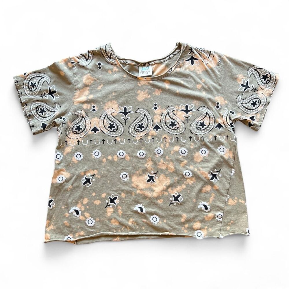 Jaded Gypsy Moon Dance Golden Hour Bleached Paisley Bandana Tee Green S/M Mint